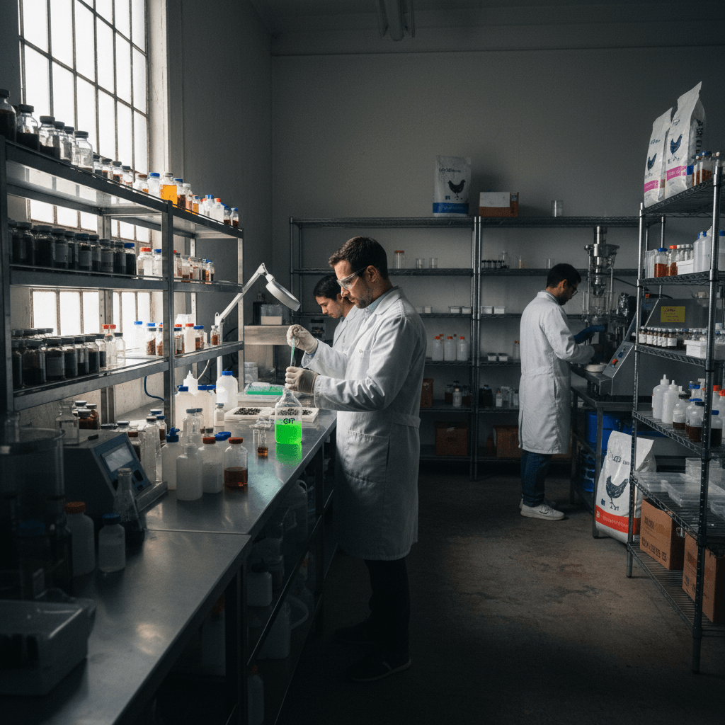 Three scientists in a dimly lit lab, one holding a flask with a glowing green liquid, surrounded by shelves of chemicals.