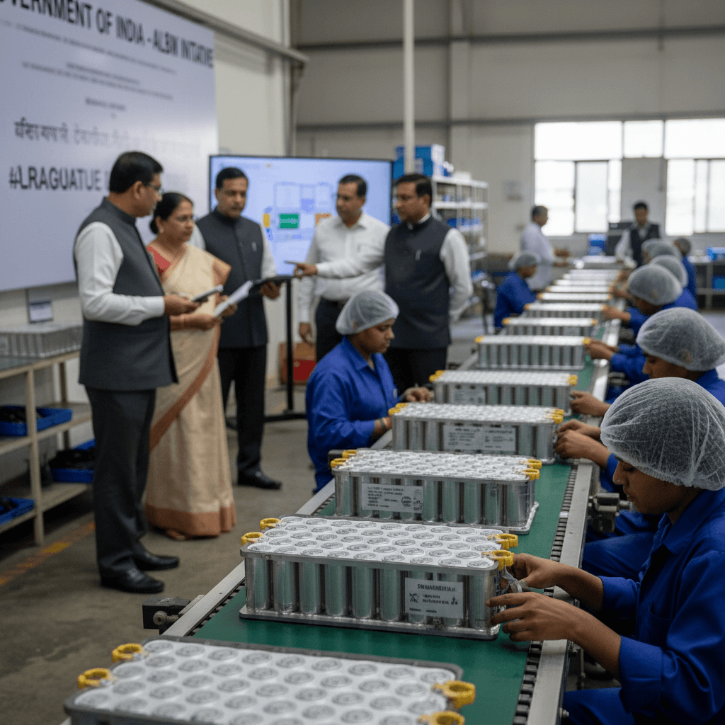 Indian government officials reviewing a battery assembly line with workers, highlighting domestic manufacturing efforts.