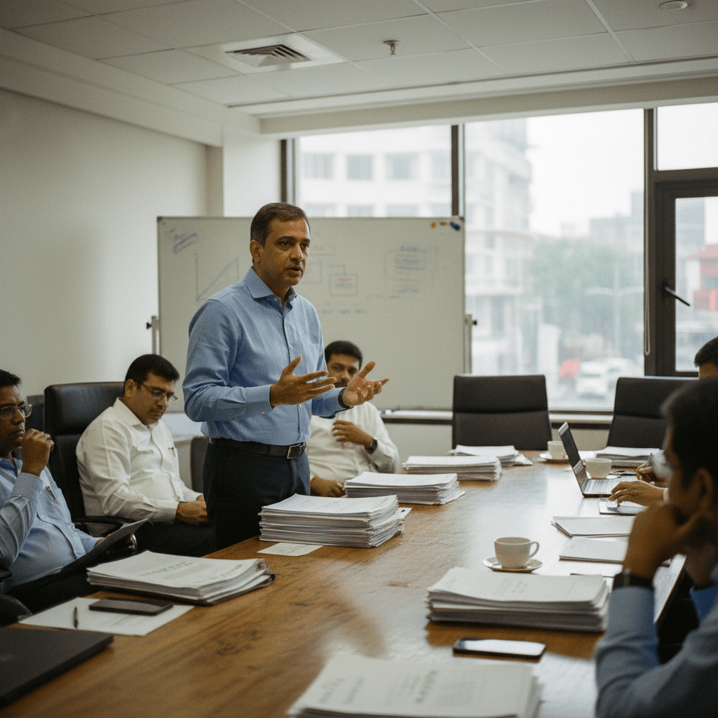 Shailesh Chandra, standing at a long conference table, gestures while speaking to seated colleagues in a corporate meeting.