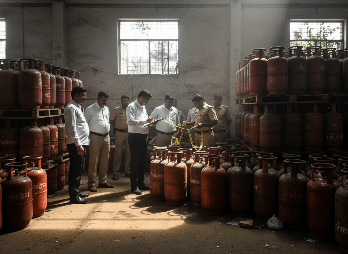 Indian government officials in a dimly lit warehouse filled with stacks of red LPG cylinders, inspecting a group of them.