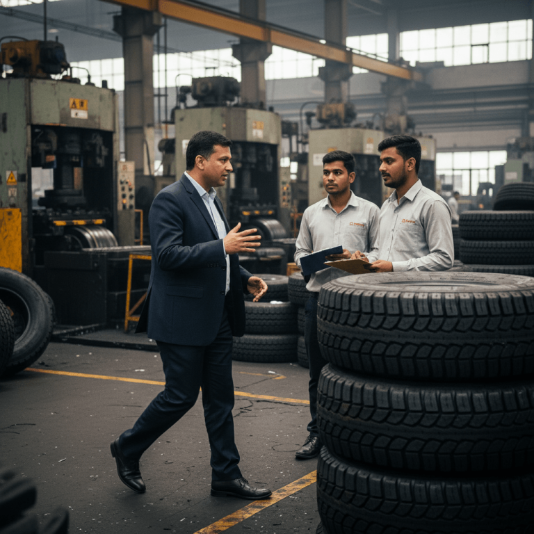 A man in a suit gestures while speaking to two younger men in work uniforms, surrounded by large tire stacks in a factory.