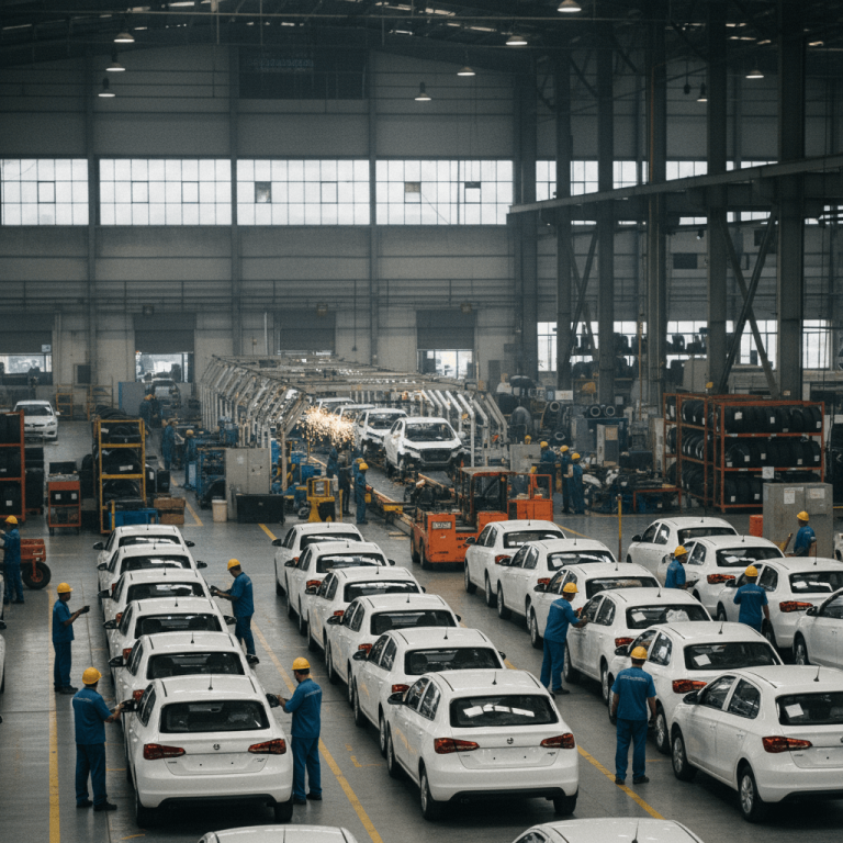 Wide shot of an Indian automobile factory with workers in blue uniforms and yellow hard hats assembling white cars.