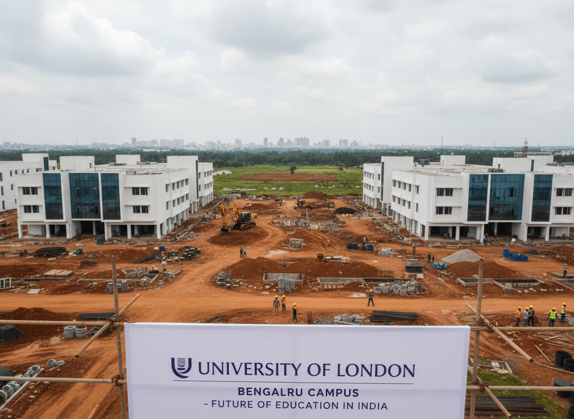An aerial shot of a construction site for a university campus in Bengaluru, India, with partially built white buildings.