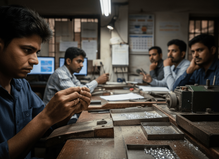 A group of Indian jewelers working at a wooden workbench, examining diamonds in a focused, unposed manner.