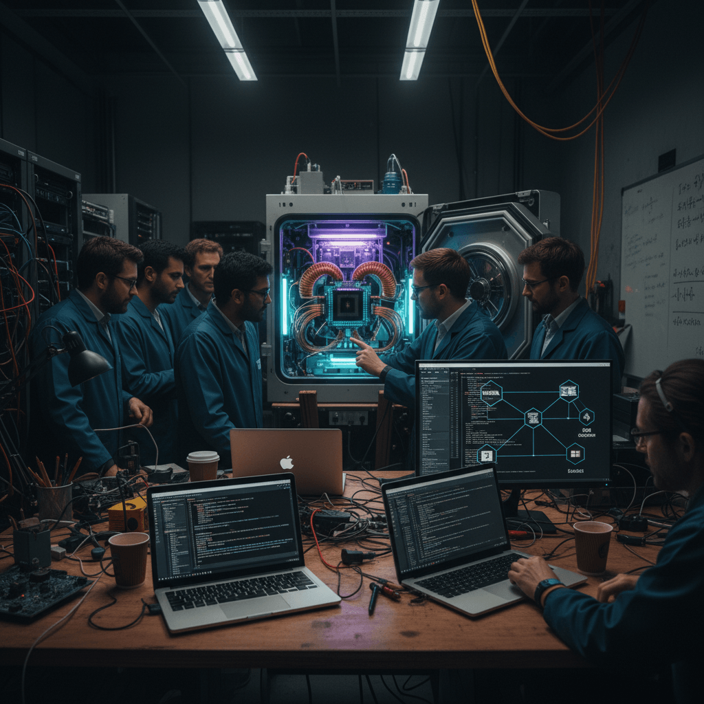 A group of researchers in blue lab coats gather around a glowing quantum computer and laptops displaying code.