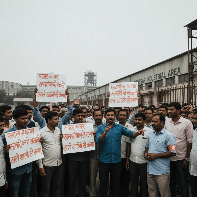 A group of male factory workers, some holding protest signs, listen intently to a speaker in the foreground. An industrial building is behind them.