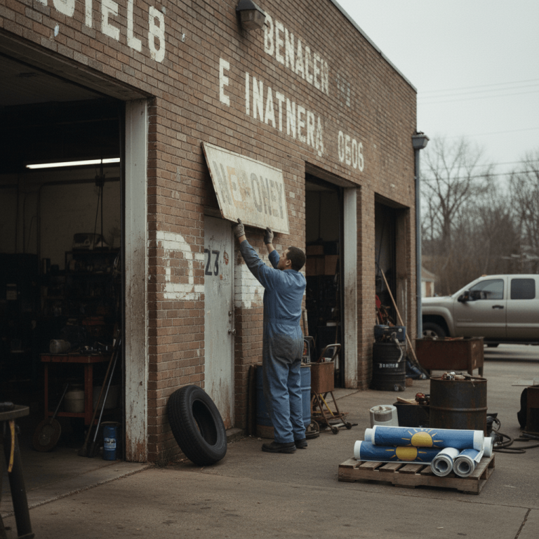 A man in work overalls unfastens an old sign from the brick wall of an auto service building.