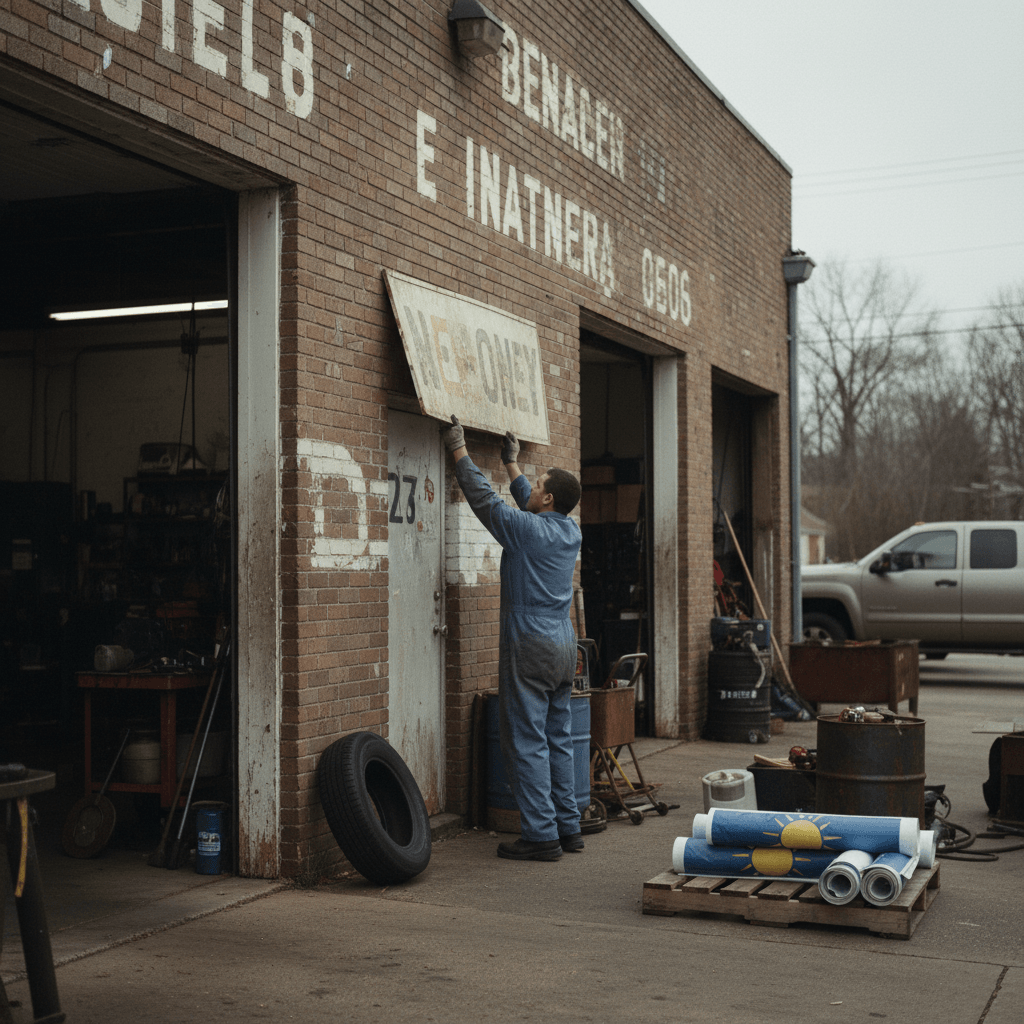 A man in work overalls unfastens an old sign from the brick wall of an auto service building.