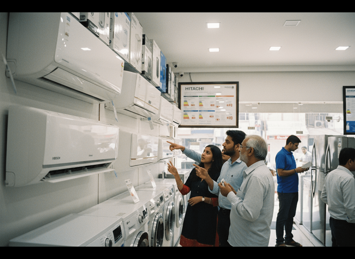 A family discusses air conditioners in an Indian appliance store, pointing at models on display.