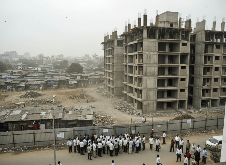 A wide shot shows a group of men gathered near the construction site of a new multi-story building, with older informal settlements in the background.