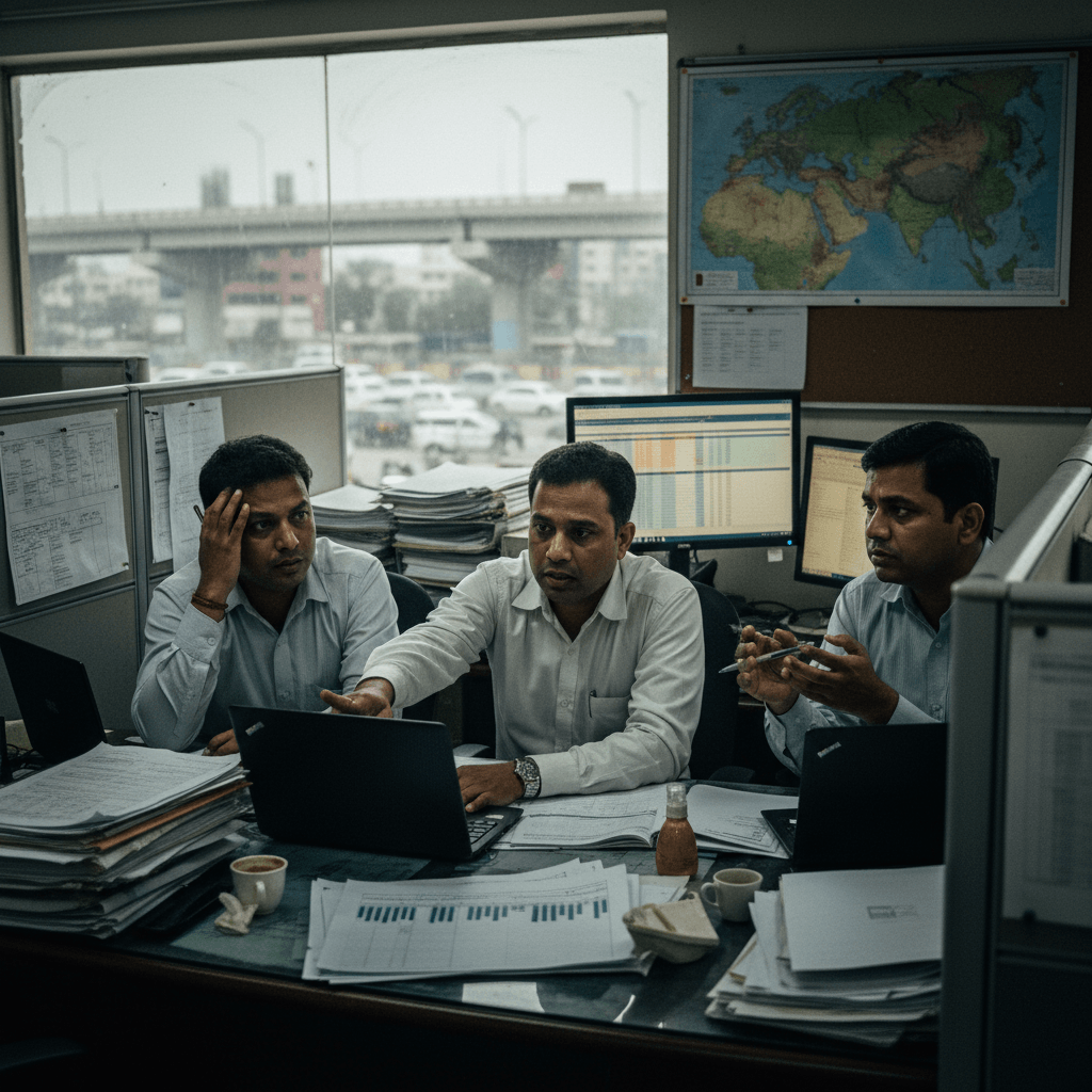 Three men in a cluttered office, one gesturing at a laptop, another resting his head, and a third holding a pen.