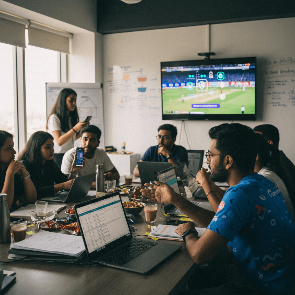 A group of diverse young professionals in an office meeting room, actively discussing, with a cricket match playing on a large screen.