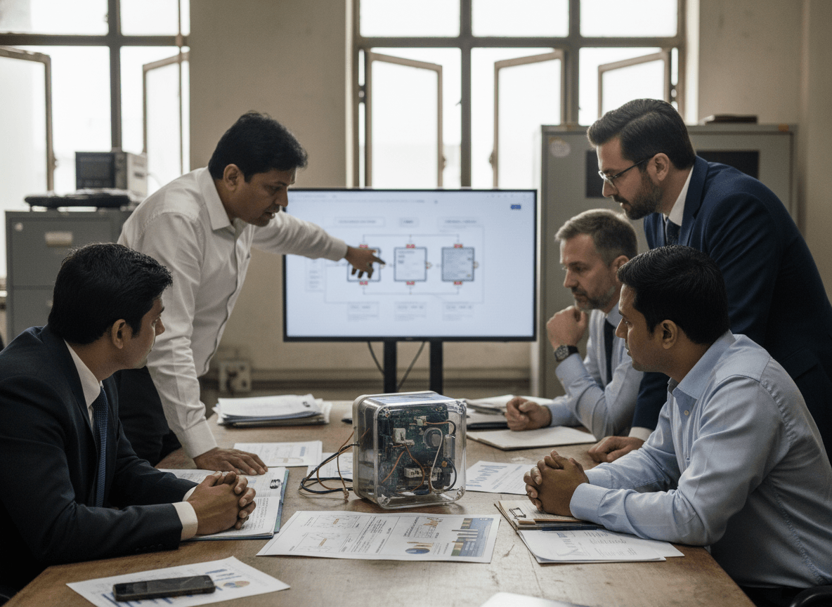 A group of five men in business attire discuss smart meter technology around a conference table.