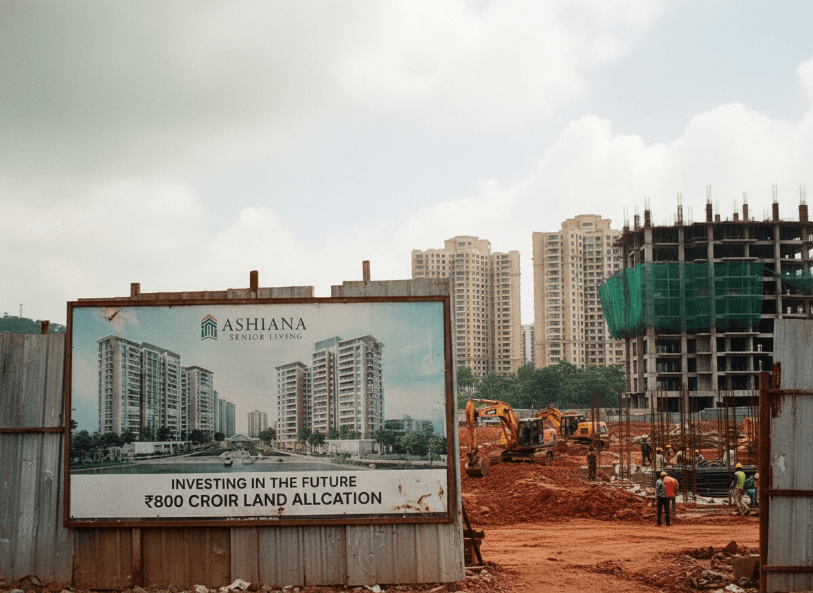 A wide shot shows a billboard advertising Ashiana Senior Living, with a construction site and residential towers in the background.