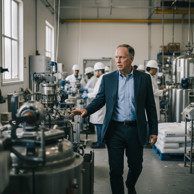 Luke Kissam, in a suit, walks past large industrial machinery in a chemical plant, with workers in the background.