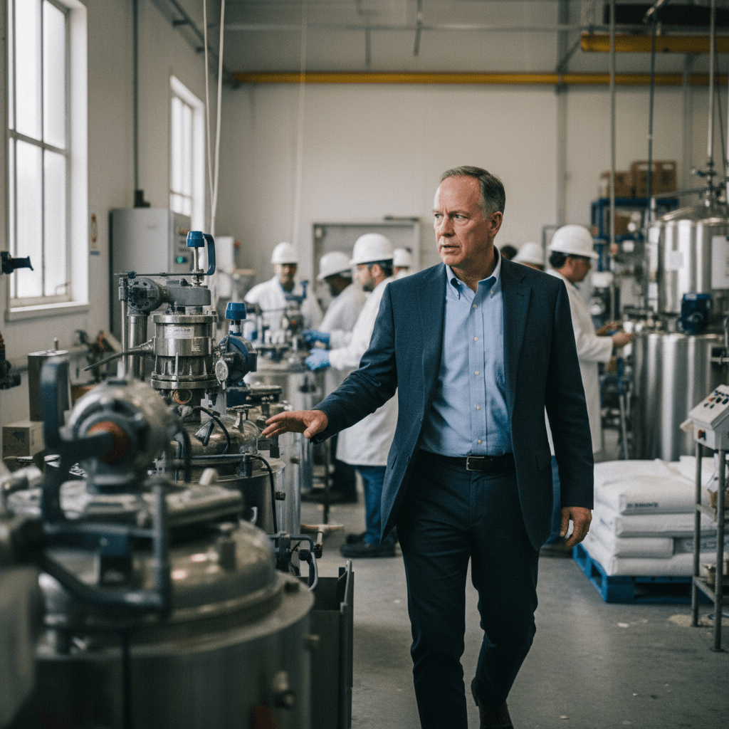 Luke Kissam, in a suit, walks past large industrial machinery in a chemical plant, with workers in the background.