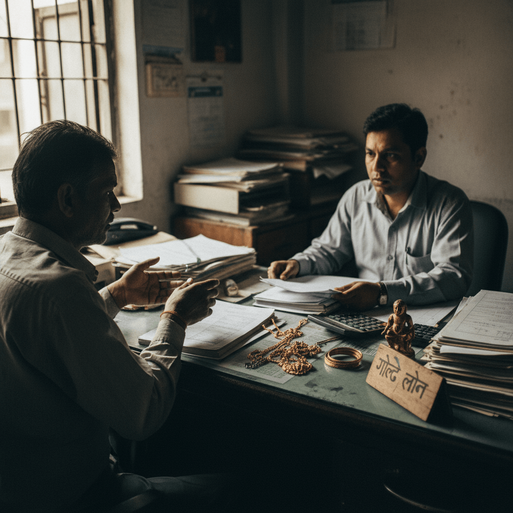 An Indian man sits across a desk from a loan officer, gesturing as he talks. Gold jewelry is on the desk.