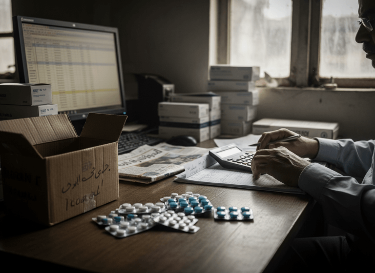 A man's hands operate a calculator and write on paper, surrounded by pharmaceutical blister packs and an open box on a desk.