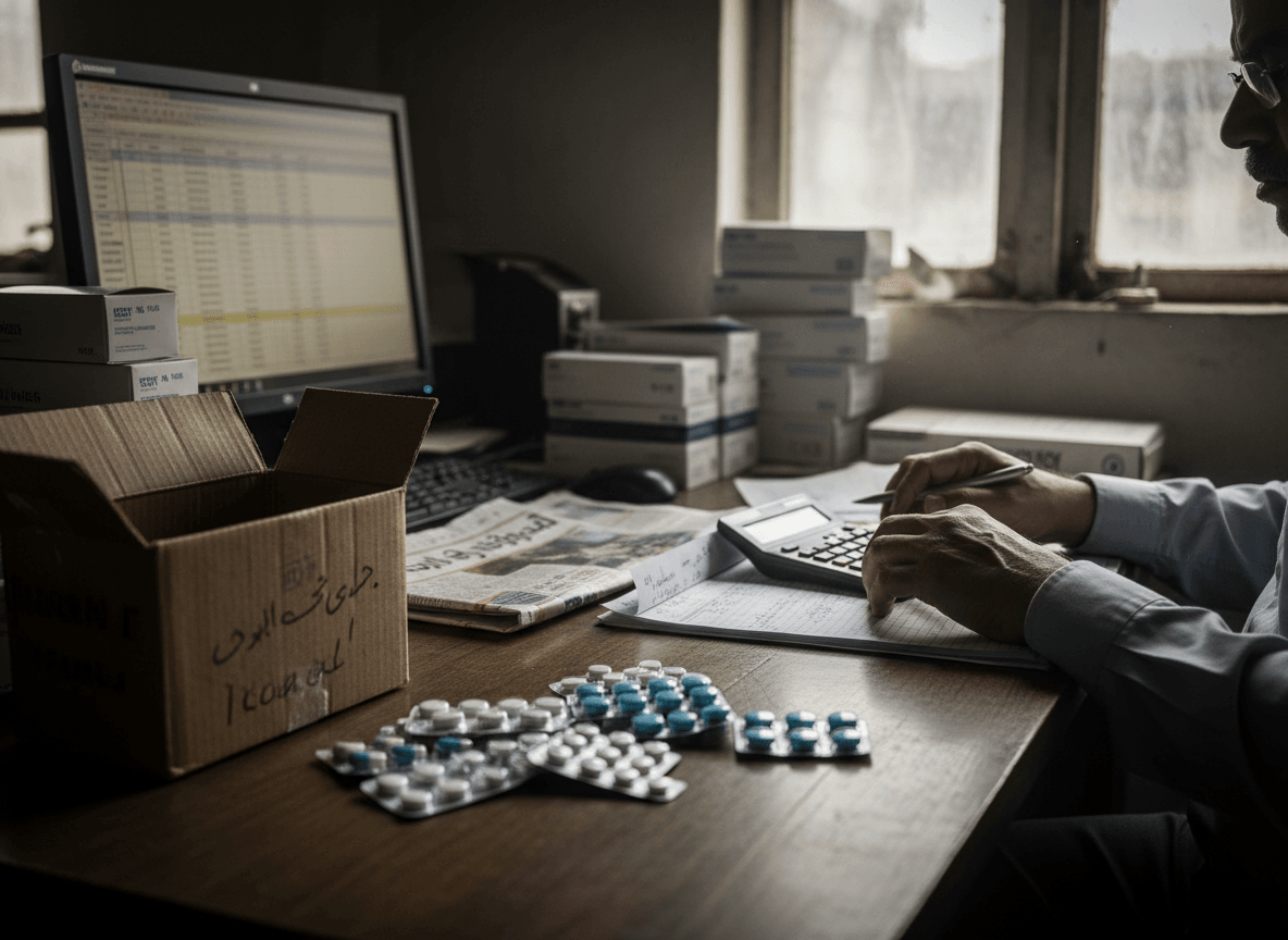 A man's hands operate a calculator and write on paper, surrounded by pharmaceutical blister packs and an open box on a desk.