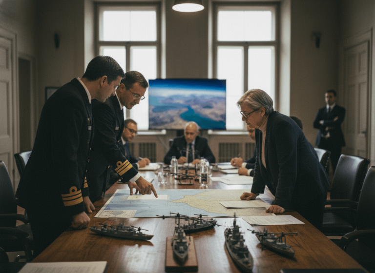 European defense officials, including a woman in a suit and men in naval uniforms, lean over a map on a large table, discussing.
