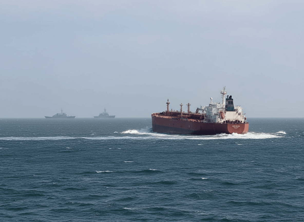 A large red tanker turns in the open ocean with two distant grey naval ships visible on the horizon.