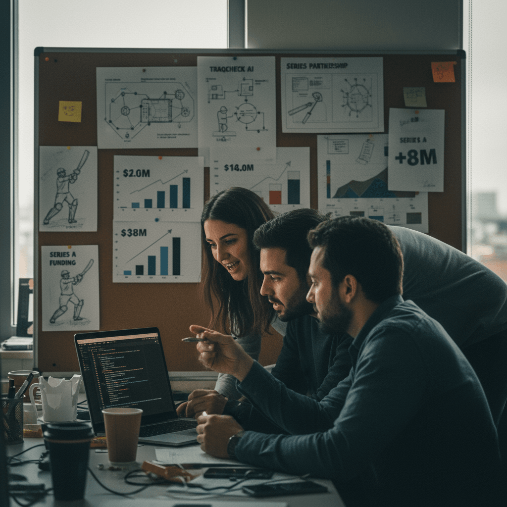 Three colleagues collaborate intensely on a laptop in a modern office, charts and diagrams pinned to a corkboard behind them.