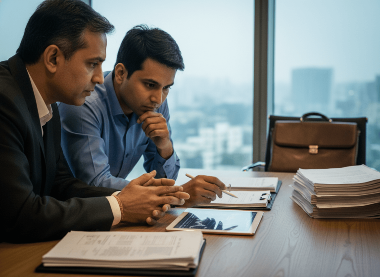 Two businessmen, one pointing at a tablet, review documents on a desk with a blurred city skyline in the background.