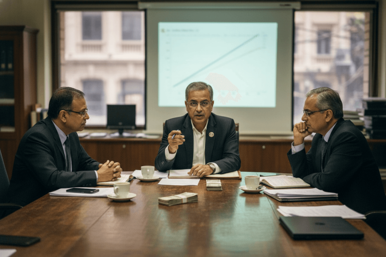Three men in suits sit around a large wooden table in a meeting room, a graph projected on a screen behind them.