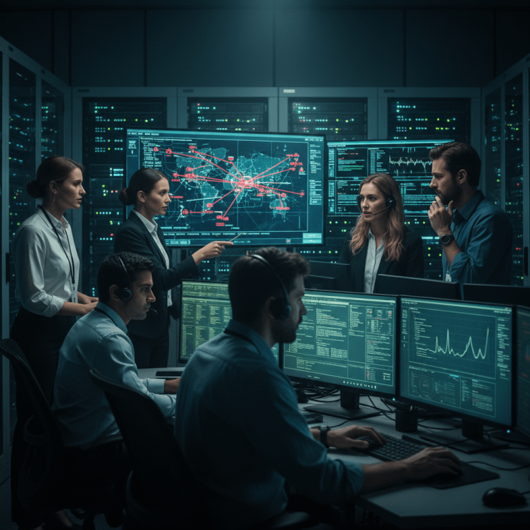 A cybersecurity team in a data center, with several members analyzing a global threat map showing interconnected attack vectors.