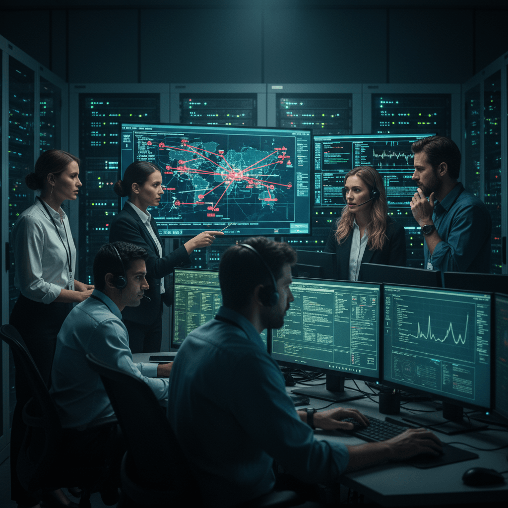 A cybersecurity team in a data center, with several members analyzing a global threat map showing interconnected attack vectors.