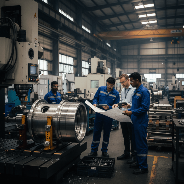 A group of engineers and technicians examine large metal aerospace components and blueprints on a factory floor.