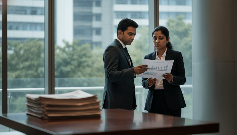 Two executives in business attire review charts and graphs, discussing financial reports by a large office window.