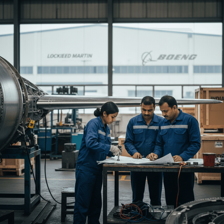 Three engineers, two men and one woman, in blue jumpsuits, examining technical drawings in a busy factory. Large aerospace components are visible.