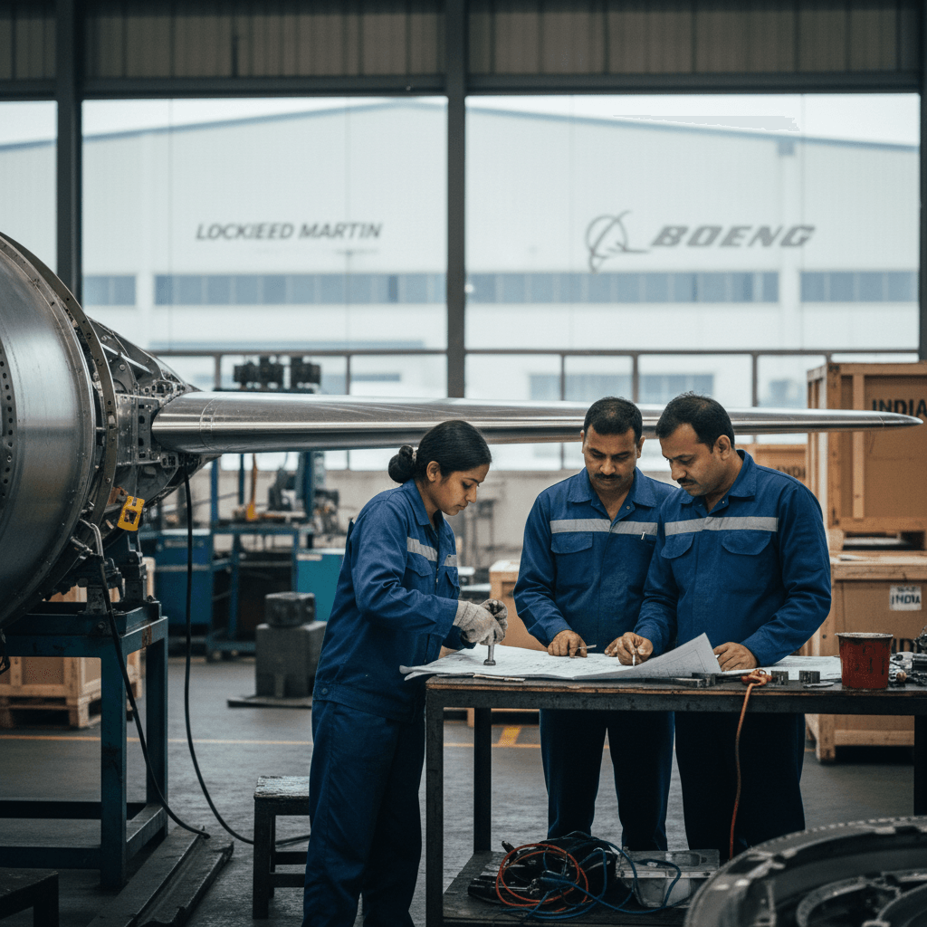 Three engineers, two men and one woman, in blue jumpsuits, examining technical drawings in a busy factory. Large aerospace components are visible.