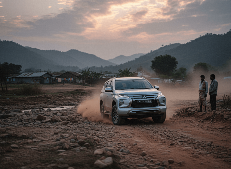 A silver Mitsubishi SUV drives on a dusty, rocky road in rural India as two men watch from the side.
