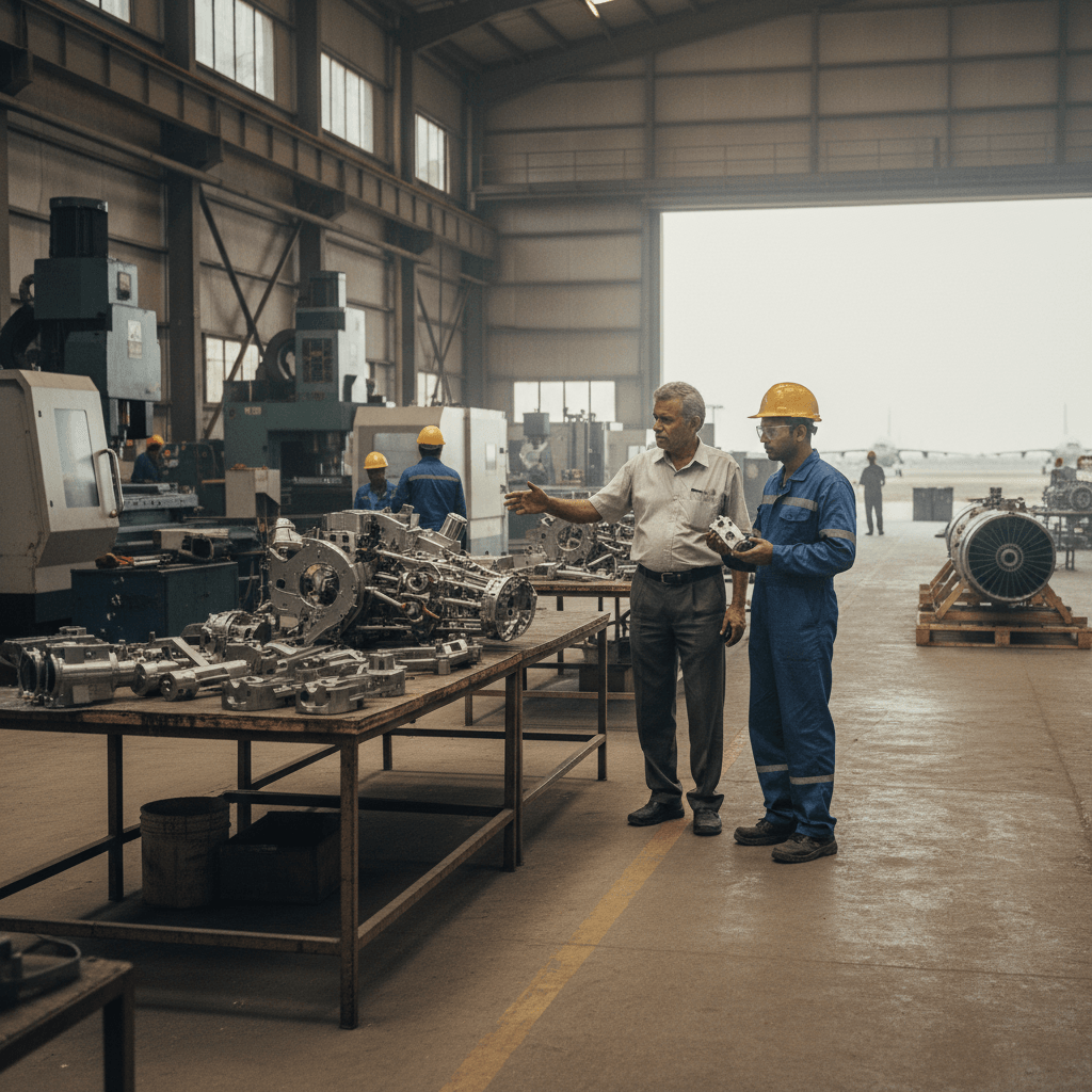 An aerospace engineer points to parts on a table while a worker in a hard hat holds a component, in a busy factory.