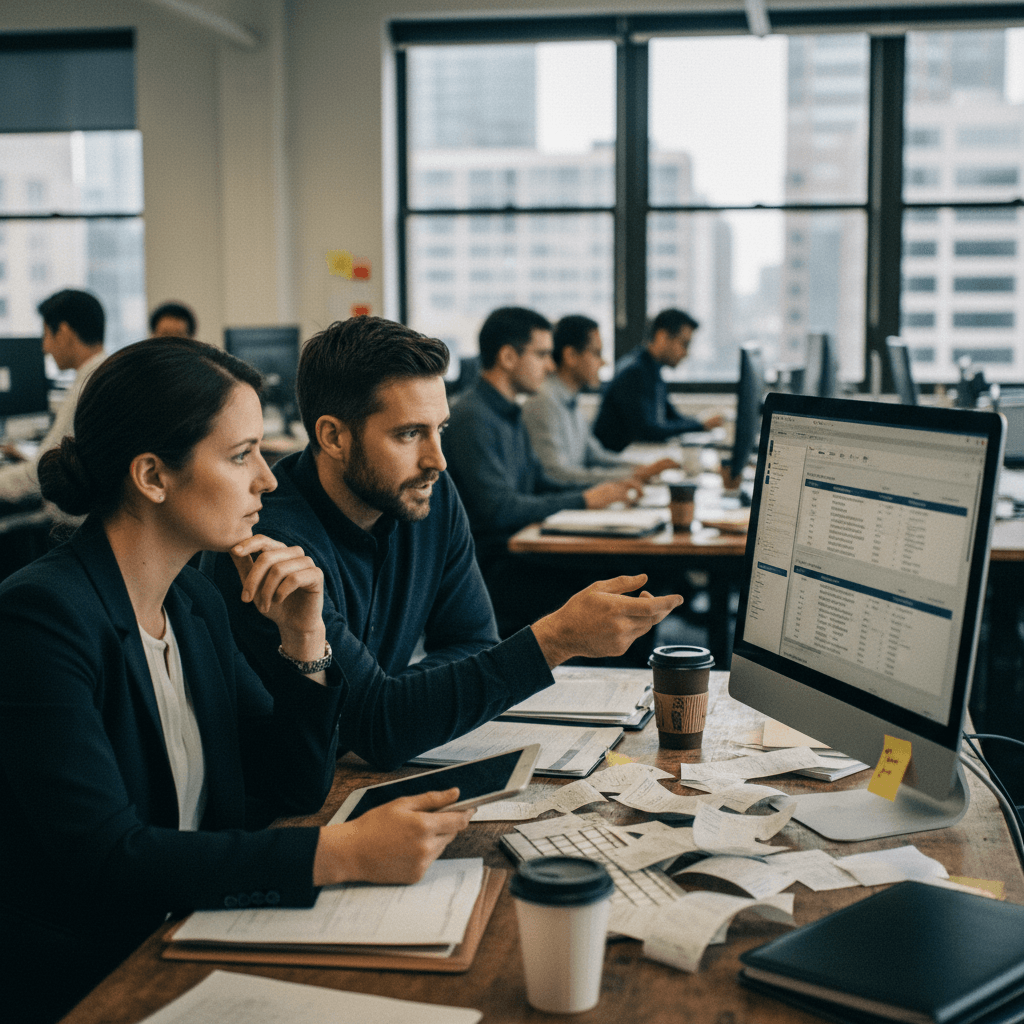 A candid shot of two business professionals looking at a computer screen, discussing data in a bustling, natural-light office.