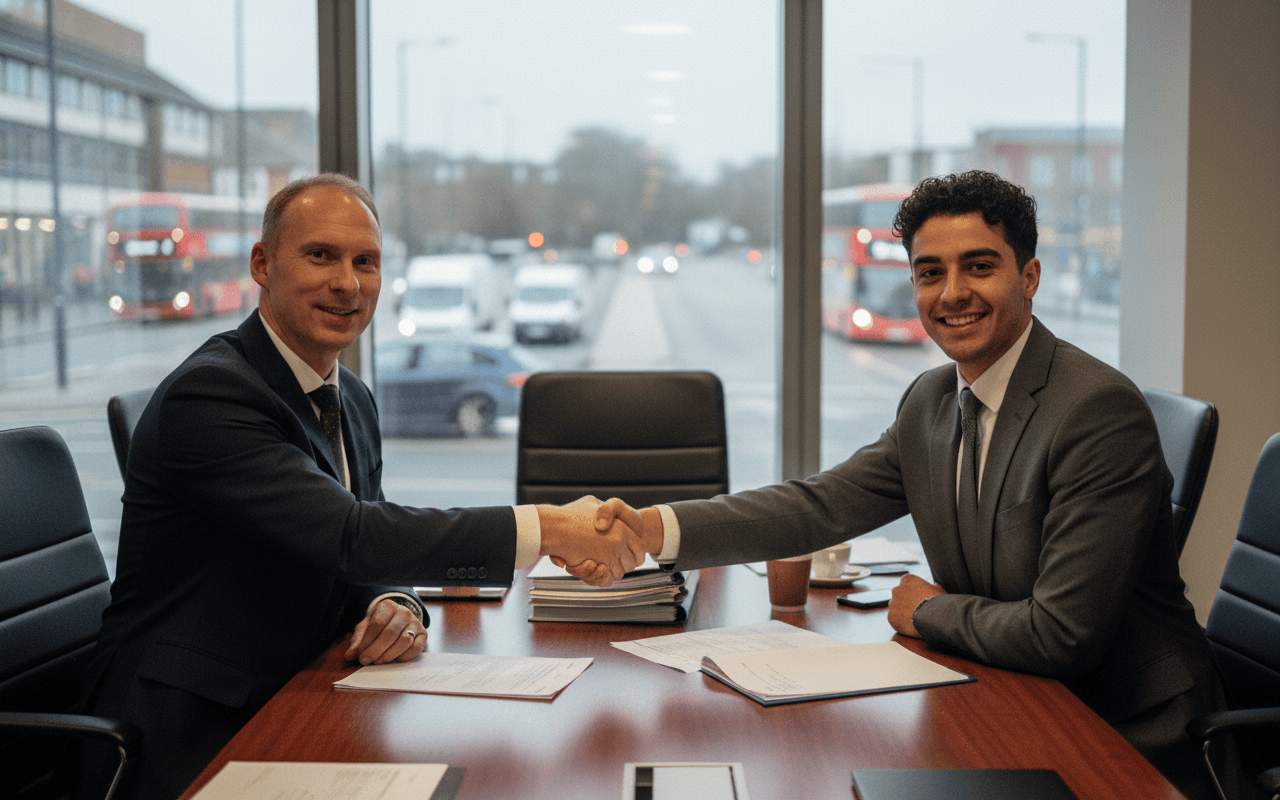 Two businessmen in suits shake hands across a polished wooden table, with city traffic visible through a large window.