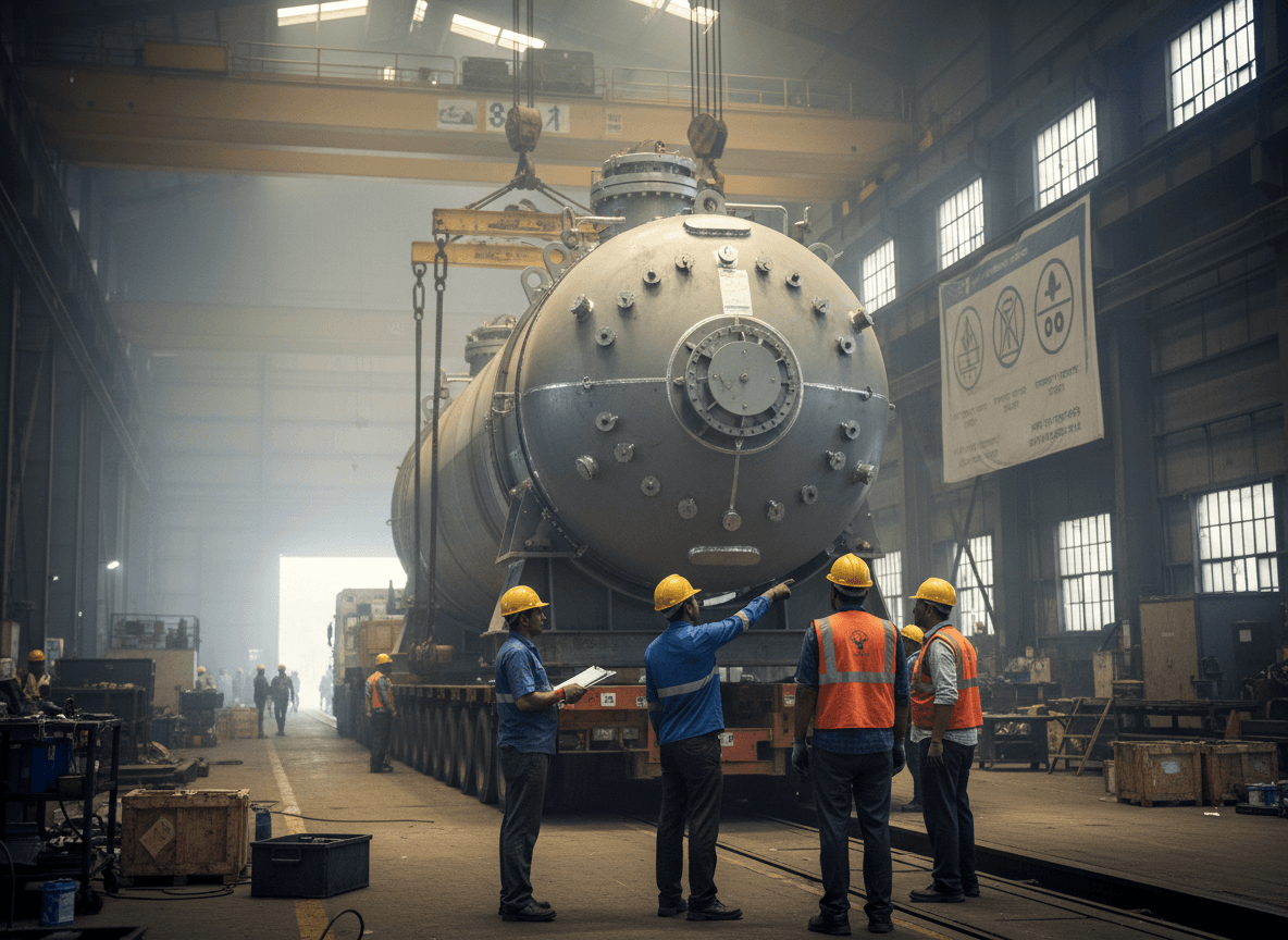 Industrial workers in hard hats and vests, one pointing, stand near a massive steam generator being transported on a flatbed.