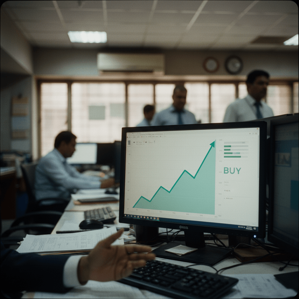 A close-up of a computer monitor showing a green upward-trending stock graph, with an analyst's hand in the foreground.