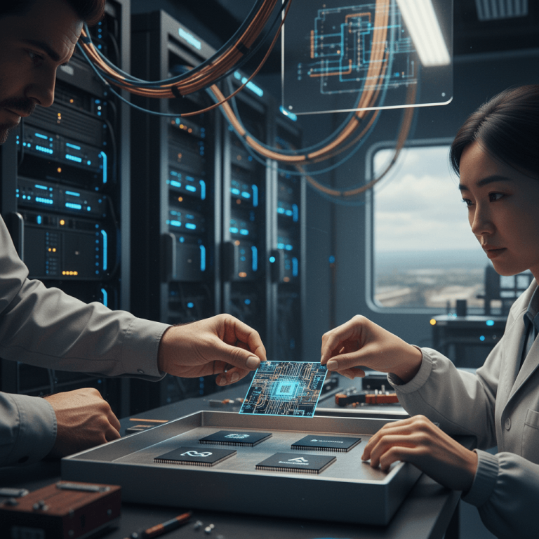 Two engineers, one man and one woman, in a data center, exchanging a glowing blue AI chip. Server racks are in the background.