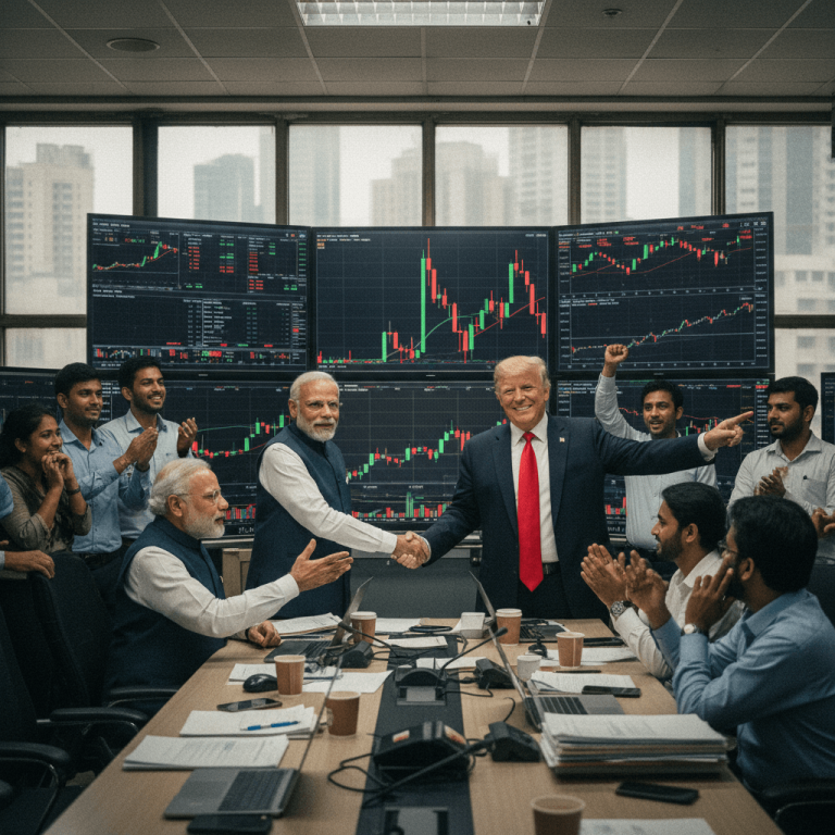 Narendra Modi and Donald Trump shake hands in a trading room, with stock charts on screens and people applauding.