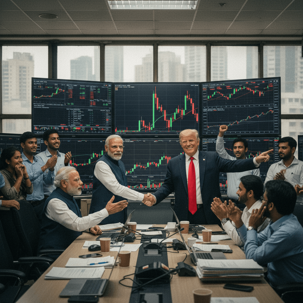 Narendra Modi and Donald Trump shake hands in a trading room, with stock charts on screens and people applauding.