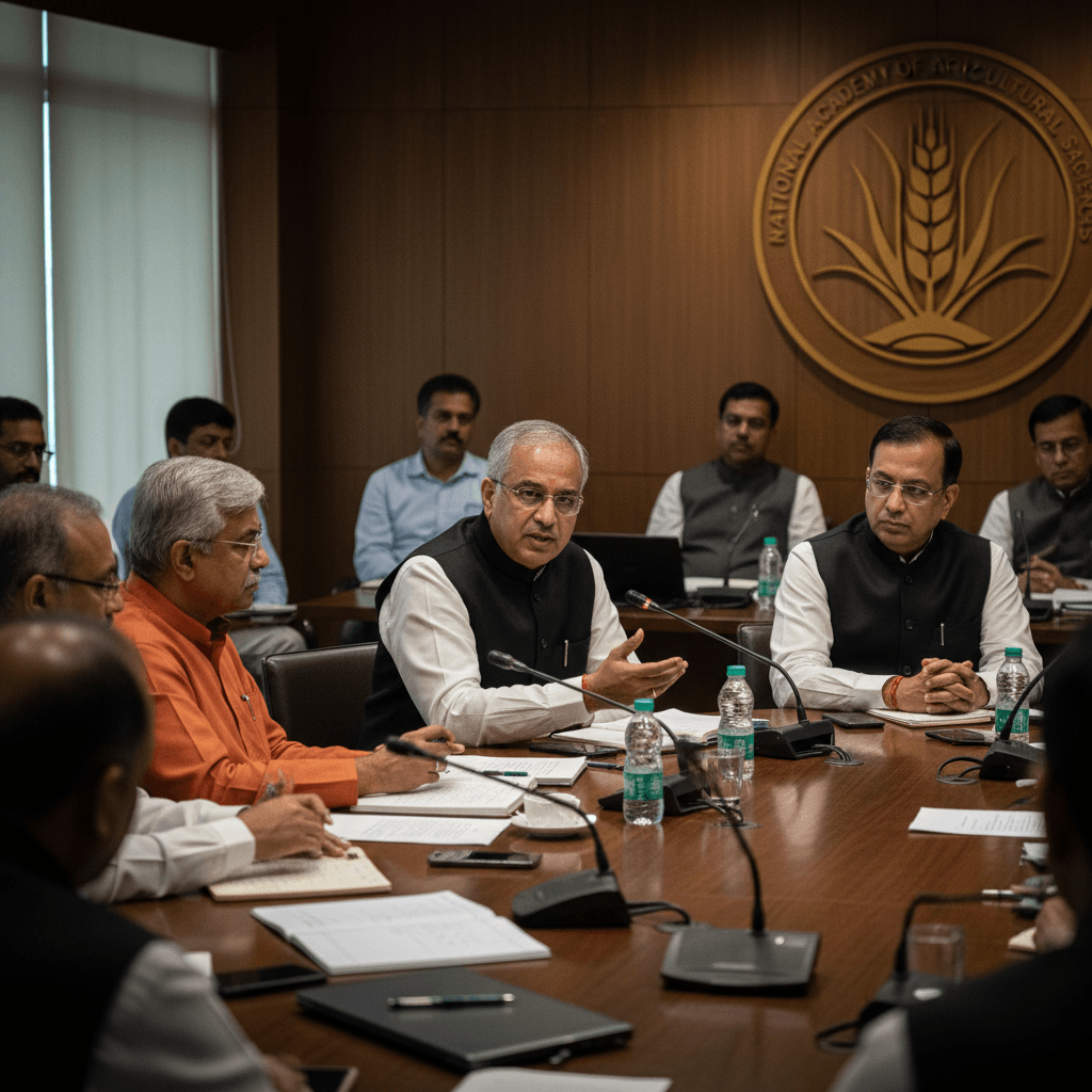 A group of Indian government officials and agricultural experts in a meeting, one gesturing while speaking.