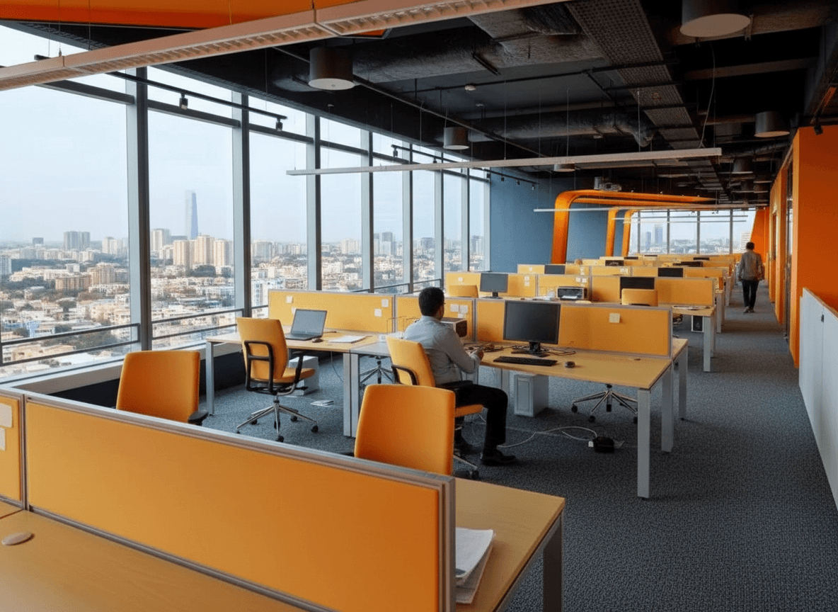 A wide shot of a modern office in India with orange and grey cubicles, a city skyline visible through large windows.