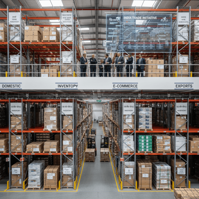 High-angle shot of Indian government officials in suits overseeing a vast warehouse with shelves of packages.