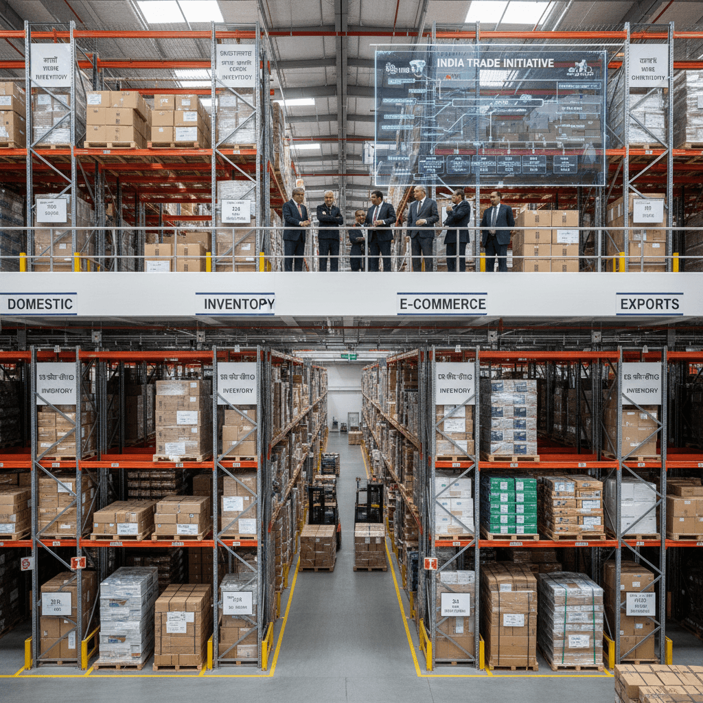 High-angle shot of Indian government officials in suits overseeing a vast warehouse with shelves of packages.