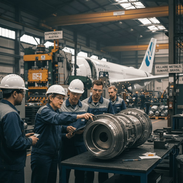 A group of engineers in hard hats and workwear examining a large metal aerospace part on a workbench in a factory.