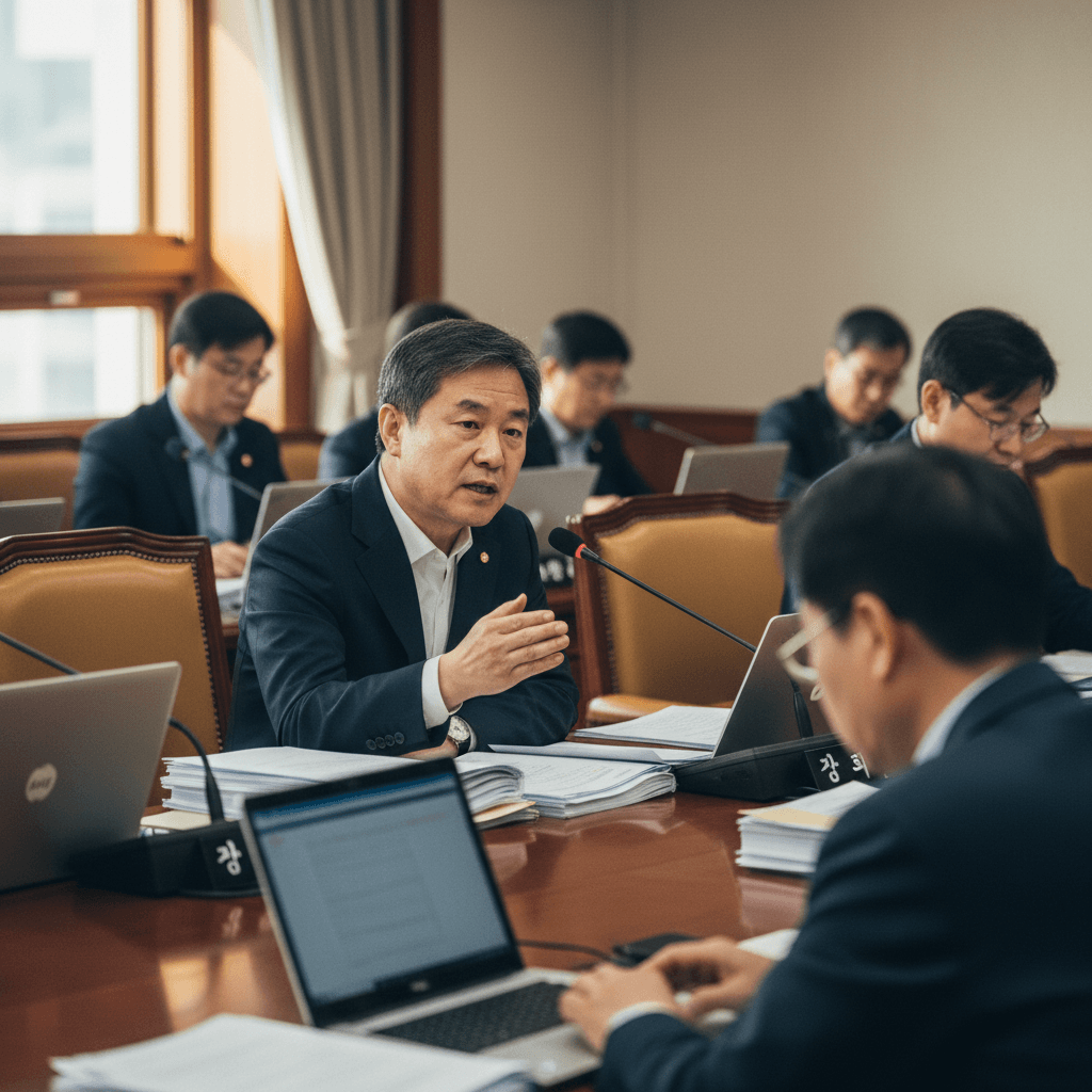 A man in a suit speaks earnestly at a large conference table, surrounded by other officials and laptops.