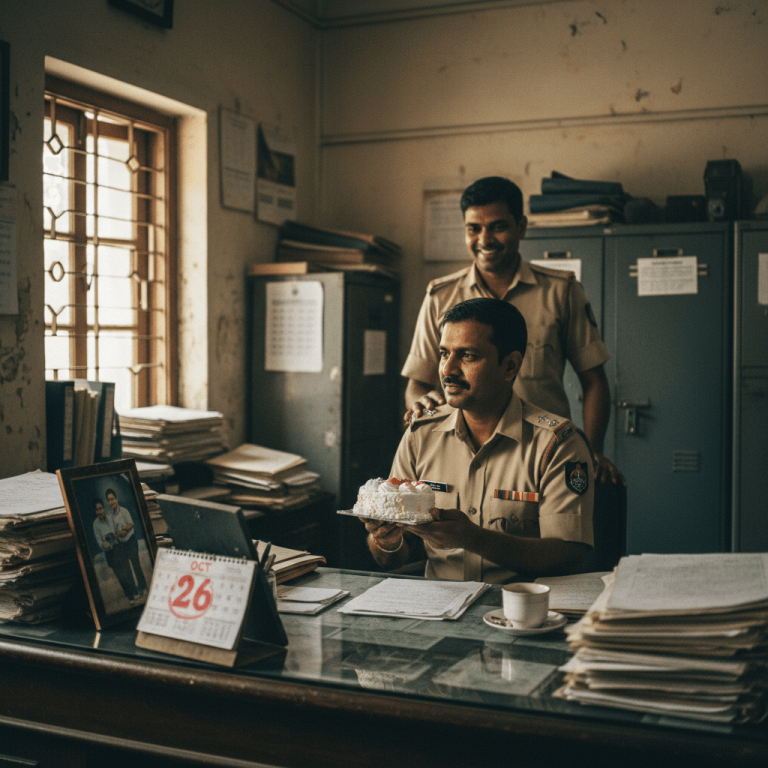 An Indian police officer in uniform sits at a cluttered desk, holding a small birthday cake. Another officer smiles behind him.